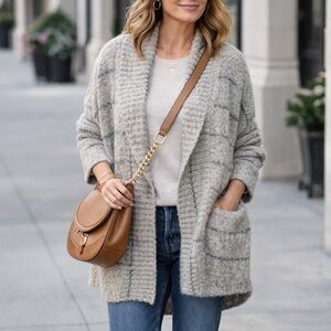 NIC+ZOE Chunky Knit Open Front Cardigan XL Oatmeal Blue Stripe